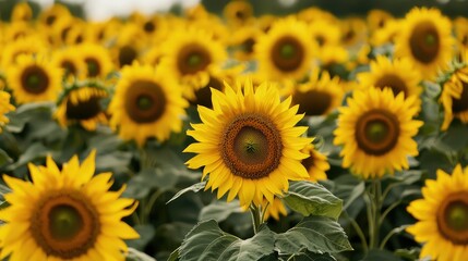 Fototapeta premium Bright Sunflower Field with Vibrant Yellow Blooms in Nature