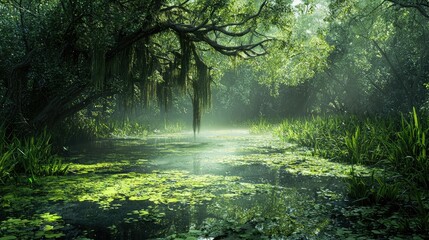 Obraz premium Serene Misty Forest Scene with Lush Greenery and Calm Water