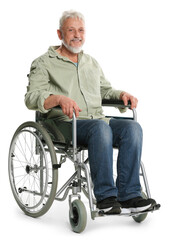 Senior man in wheelchair on white background