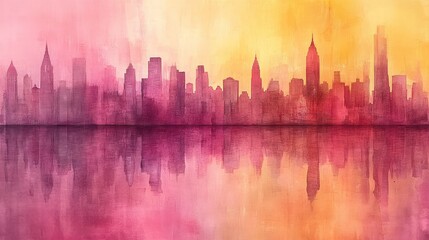 Obraz premium Watercolor cityscape skyline reflected in water at sunset.
