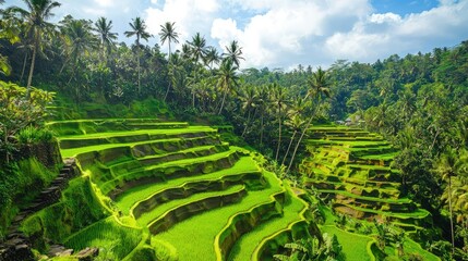 Lush Green Rice Terraces Under Bright Sky in Bali Indonesia