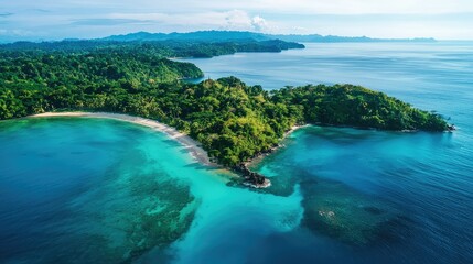 Obraz premium Aerial View of Lush Tropical Island Surrounded by Clear Blue Water