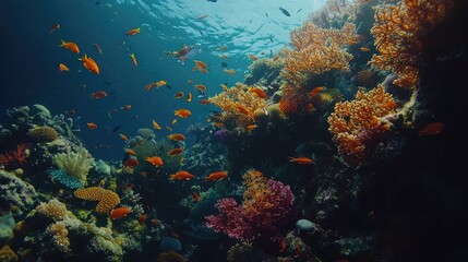 Fototapeta premium Vibrant Coral Reef Underwater Scene with Colorful Fish Swimming