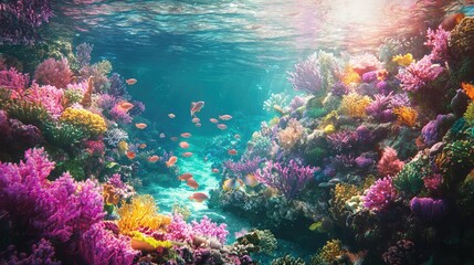 Naklejka premium Vibrant Coral Reef with Colorful Fish in Crystal Clear Waters