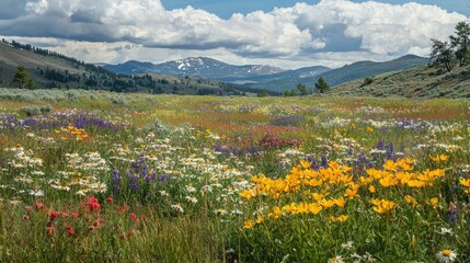 Fototapeta premium Vibrant Wildflower Meadow with Mountains and Cloudy Blue Sky
