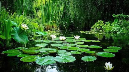 Serene Water Lily Pond Surrounded by Lush Green Vegetation