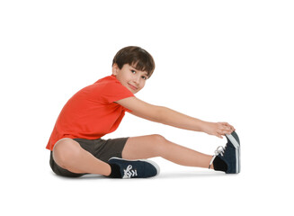 Obraz premium Boy doing exercise on white background. Sport activity