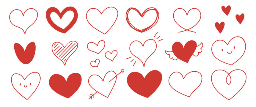 Conjunto de corazones dibujados a mano grunge color rojo. Doodles de amor para el D&iacute;a de San Valent&iacute;n y D&iacute;a del amor y la amistad. &Iacute;conos de corazones para notas