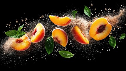   A cluster of cut peaches resting on a table beside a mound of sand and green foliage