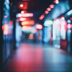 Blurred night city street, colorful lights, bokeh effect, urban scene, perspective.