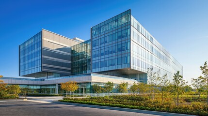 Modern Glass Office Building with Clear Blue Sky in Urban Setting
