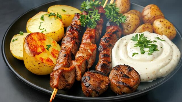 Delicious grilled skewers paired with creamy garlic sauce and roasted potatoes create a hearty meal perfect for gatherings