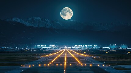 Stunning Airport Runway Under Bright Full Moon at Night Sky