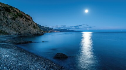 Serene Moonlight Over Peaceful Coastal Landscape at Dusk