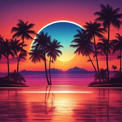 Captivating tropical sunset with rich colors, silhouettes of palm trees against tranquil bay, mountains reflecting in calm waters, perfect for lifestyle and adventure-themed imagery.