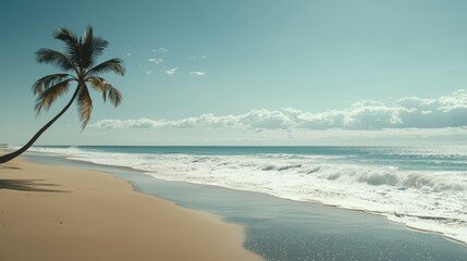 Serene Tropical Beach with Palms and Gentle Ocean Waves at Dusk