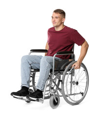 Young man in wheelchair on white background