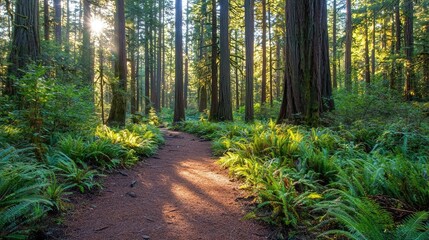 Fototapeta premium Tranquil Path Through Lush Green Forest with Sunlight Filtering