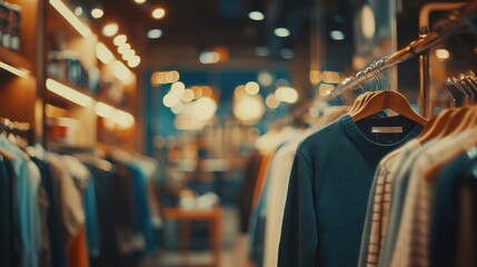 Obraz premium Clothing store interior with clothes on display racks at night.