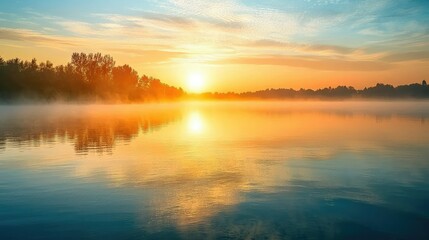 Serene Sunrise Over Calm Lake with Mist and Colorful Sky Reflections