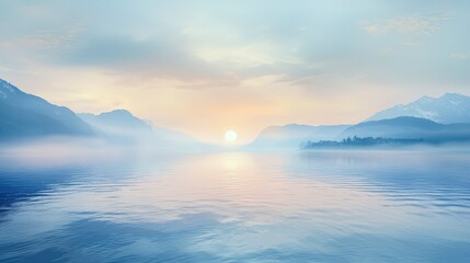 Fototapeta premium Serene Sunrise Over Misty Lake with Moutains and Calming Waters