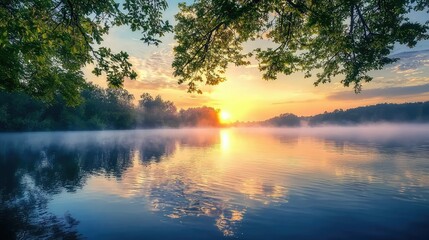 Serene Sunrise Over Calm Lake with Mist and Reflections in Nature
