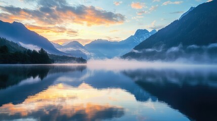 Serene Lake Landscape with Mountains and Colorful Sunrise Reflection