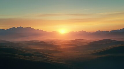 Naklejka premium Serene Sunrise Over Rolling Hills with Mist and Soft Light