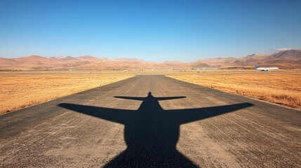 Majestic Airplane Shadow on Tarmac with Scenic Mountain Background