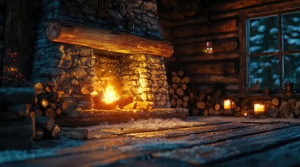 Cozy rustic cabin interior with warm fireplace and wooden decor