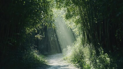 Serene Bamboo Forest Pathway with Sunlight Filtering Through Leaves
