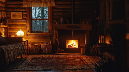 Cozy Rustic Cabin Interior with Warm Firelight Enhancing Ambiance
