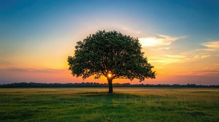 Obraz premium Serene Sunset Over a Lone Tree in an Open Meadow Landscape