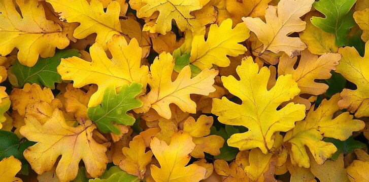 Autumn yellow leaves of oak tree in autumn park. Fall background with leaves.