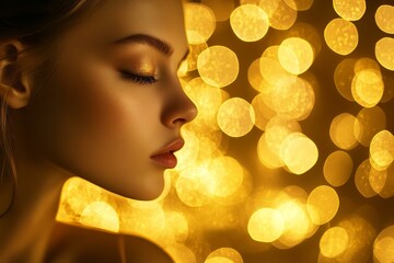 Fototapeta premium Fashion Beauty Girl Isolated on golden bokeh lights Background