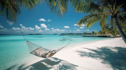 Tranquil Beach Scene with Hammock and Palm Trees in Tropical Paradise