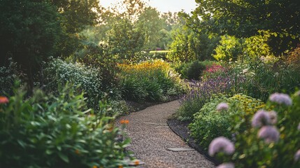 Obraz premium Serene Garden Path Surrounded by Lush Flowers and Greenery