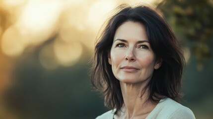 Naklejka premium Middle aged woman with dark hair, wearing casual clothing, looking thoughtfully into the distance, blurred natural background, soft natural light, minimalistic style