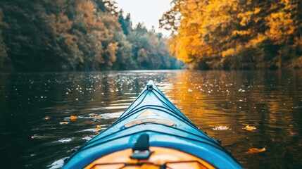 Fototapeta premium Autumn Kayaking Adventure on Calm River Surrounded by Colorful Foliage