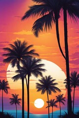 Obraz premium Dramatic sunset colors over tropical landscape, palm trees framing picturesque view, serene waters reflecting beauty of nature, perfect for promoting adventure and exploration visuals.