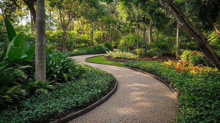 Obraz premium Serene Winding Path Through Lush Green Garden Landscape in Sunshine