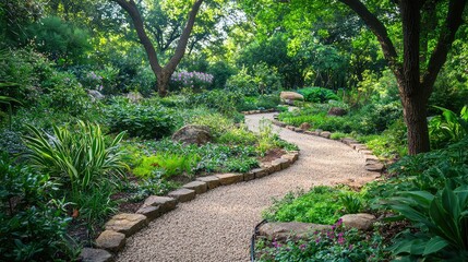 Serene Garden Pathway Surrounded by Lush Greenery and Rocks