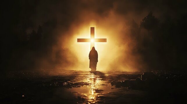 Jesus' silhouette at the center of a glowing cross, dark minimalist background, symbolizing faith