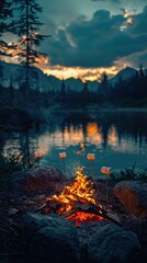 Campfire with Roasting Marshmallows Near Calm Lake at Sunset