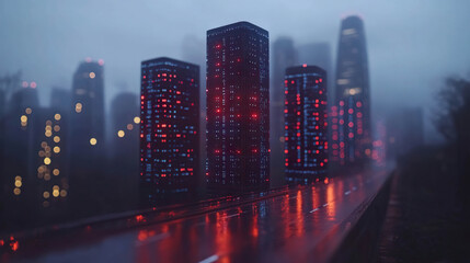 Dystopian city with dark skyscrapers and red lights in a rainy, foggy setting. Generated with AI.