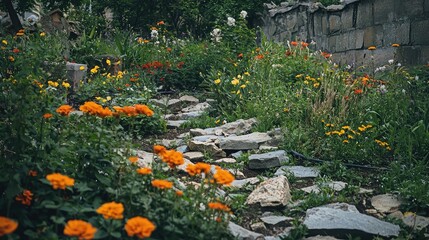 Vibrant Pathway Through Colorful Flowers and Stones in Garden