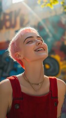 Fototapeta premium Teenage girl with pale skin, short pink hair, and a playful smile, skateboarding in a park, graffiti covered walls in the background, bright natural sunlight