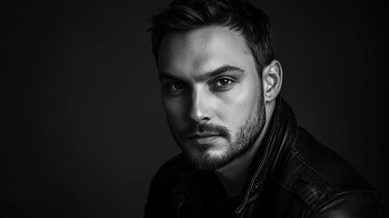 Obraz premium Strict portrait of a man in black and white tones, strong shadows and contrast, studio lighting