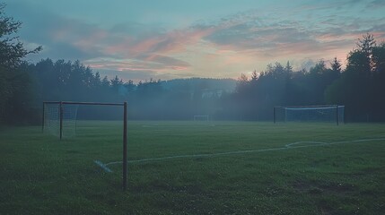Fototapeta premium Serene Soccer Field at Dawn with Mist and Colorful Sky