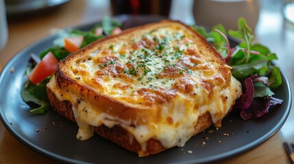 Delicious Croque Monsieur with Fresh Salad in Quaint Bistro Setting